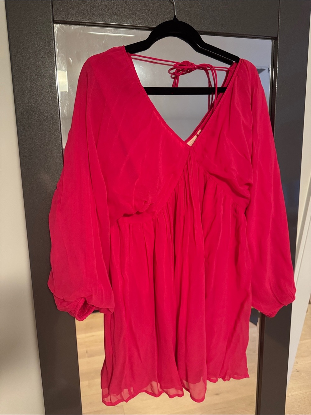 V-Neck Long Sleeve Hot Pink Dress with Tie Back
